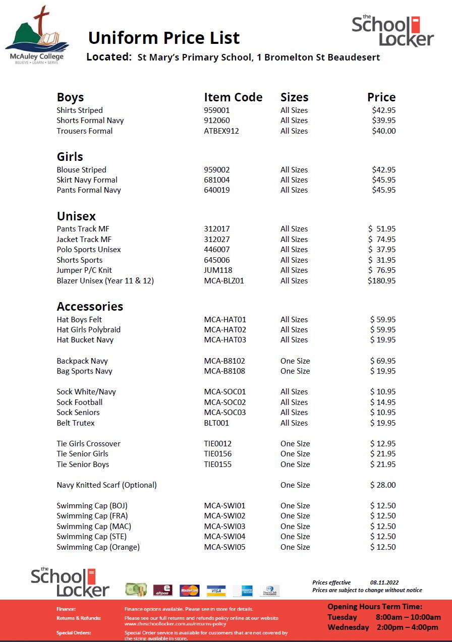 Uniform Price List